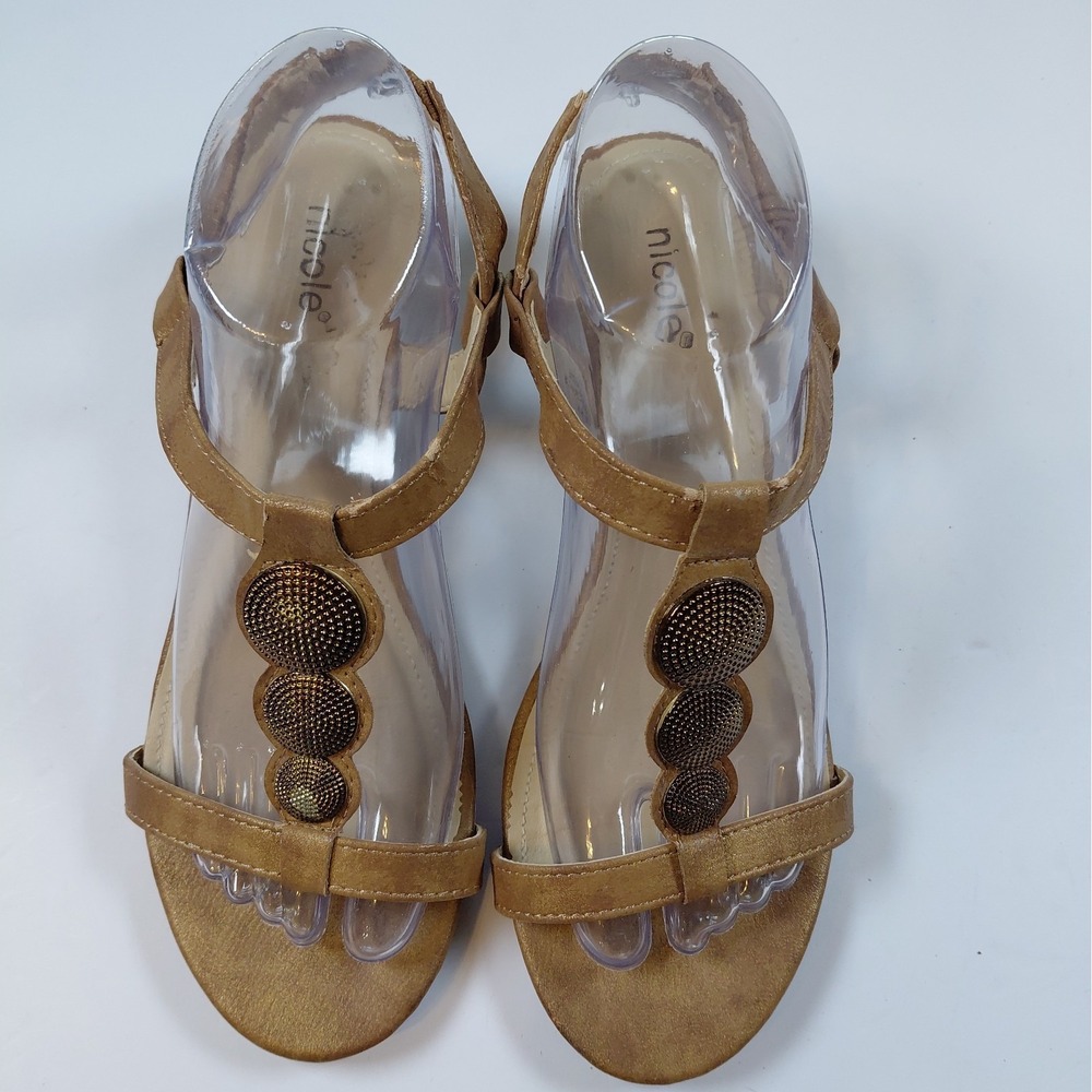 Nicole Draco 8.5W Wide T Strap Slingback Faux Suede Wedge Sandals
